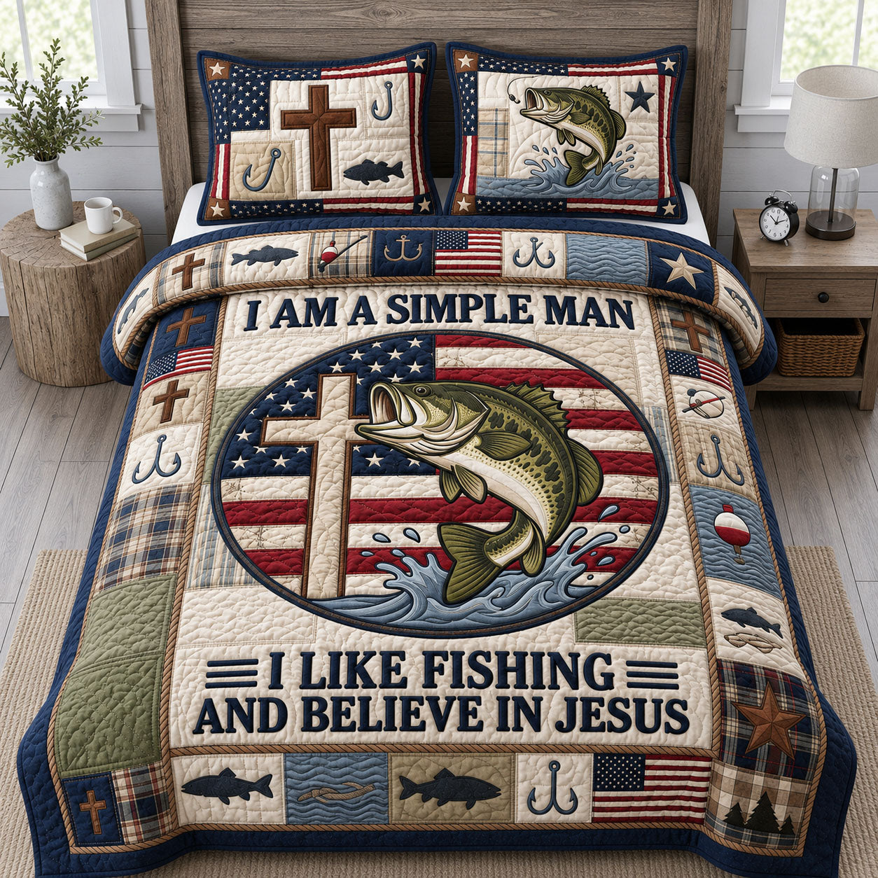 Fishing And Jesus 3-Piece Quilted Bedding Set GFTOPND1045