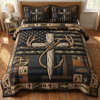 Deer Antlers Cross Fishing 3-Piece Quilted Bedding Set GFTOPND1047