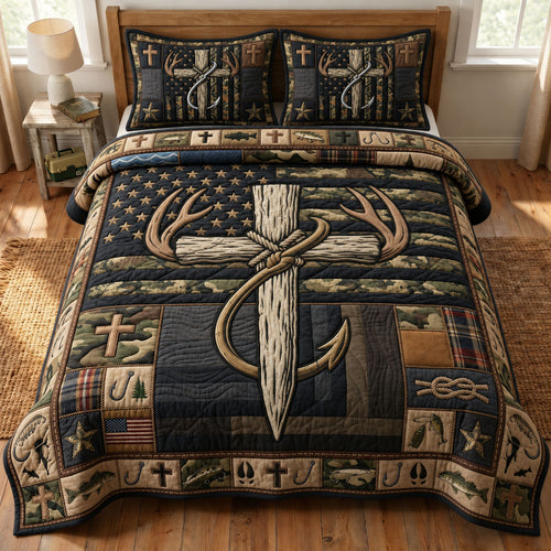 Deer Antlers Cross Fishing 3-Piece Quilted Bedding Set GFTOPND1047