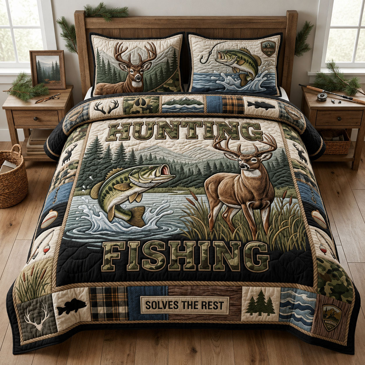 Hunting and Fishing Life 3-Piece Quilted Bedding Set GFTOPND1051