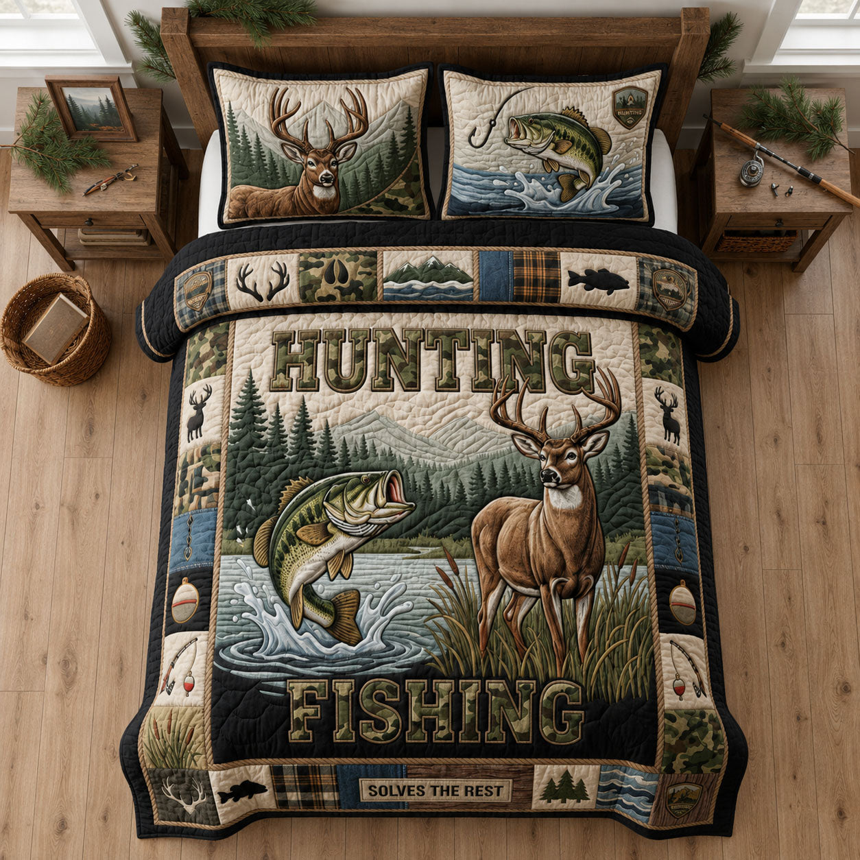 Hunting and Fishing Life 3-Piece Quilted Bedding Set GFTOPND1051
