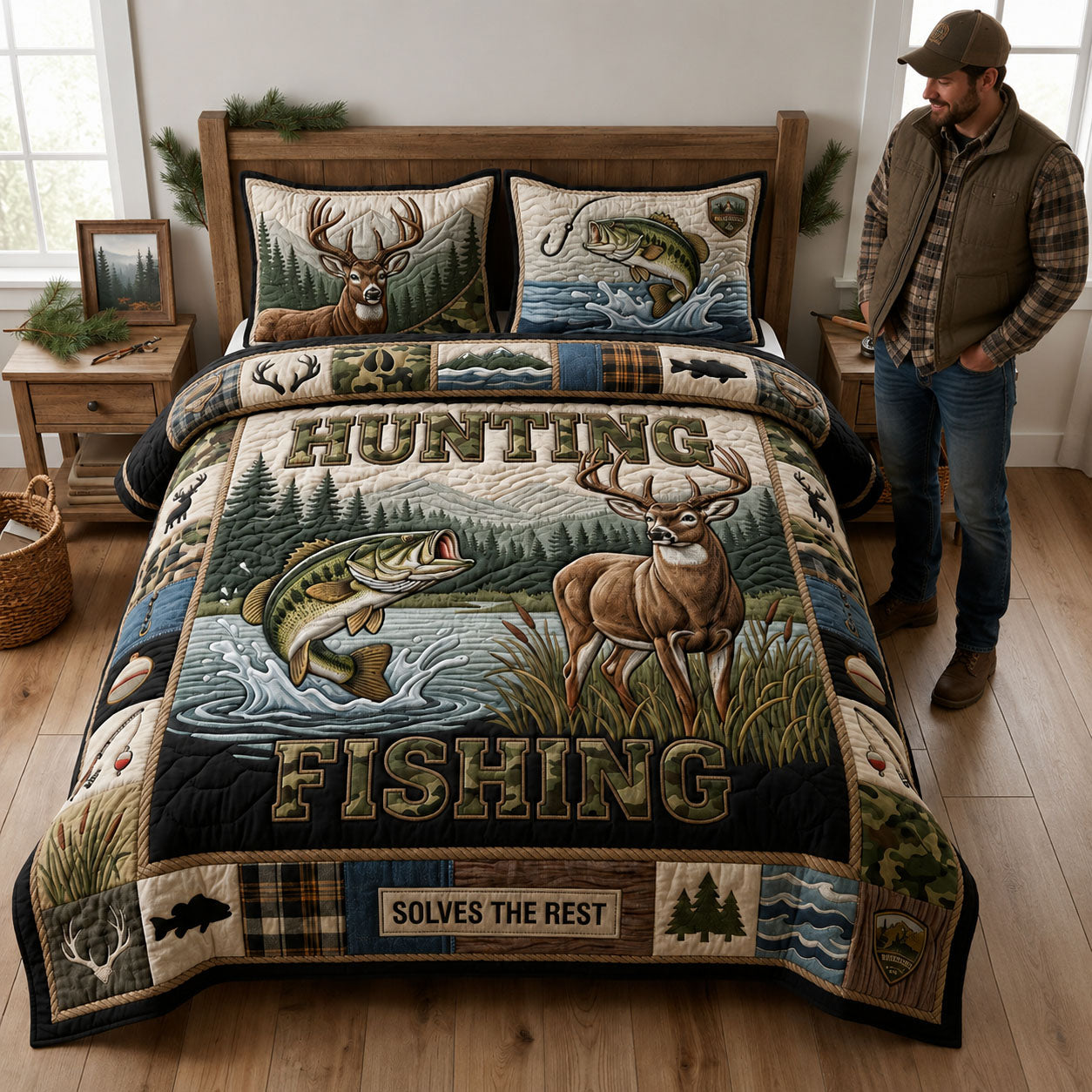 Hunting and Fishing Life 3-Piece Quilted Bedding Set GFTOPND1051