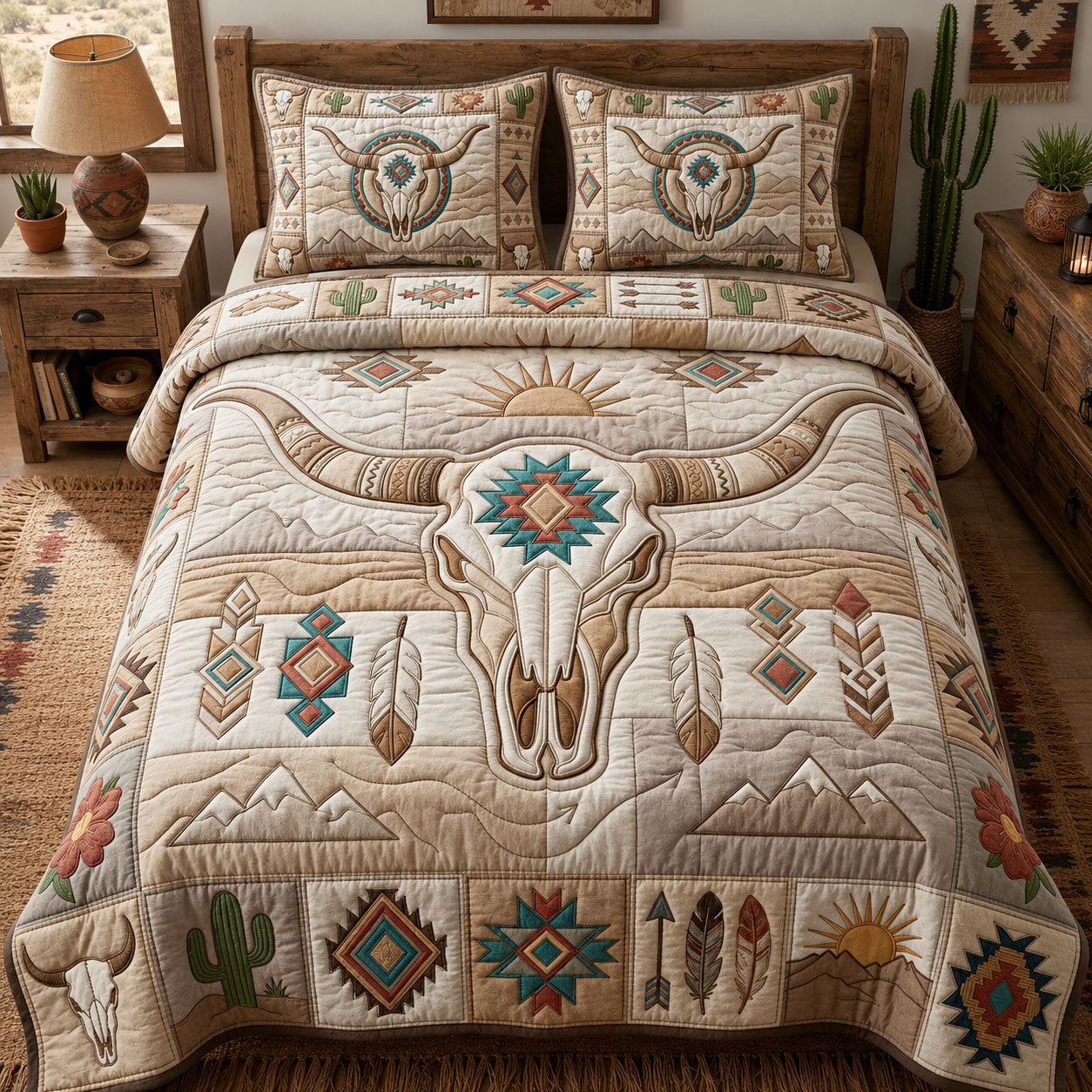 Western Boho Cow Skull 3-Piece Quilted Bedding Set GFTOPND1079