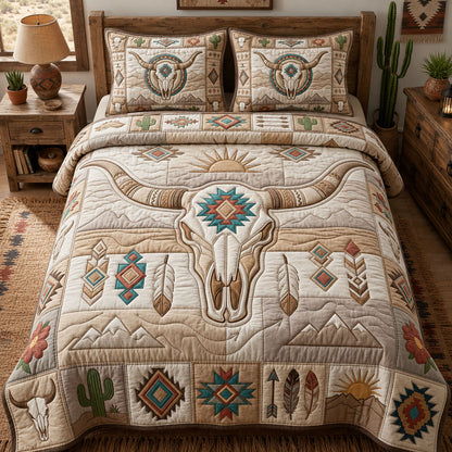 Western Boho Cow Skull 3-Piece Quilted Bedding Set GFTOPND1079