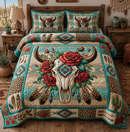 Boho Floral Cow Skull 3-Piece Quilted Bedding Set GFTOPND1080