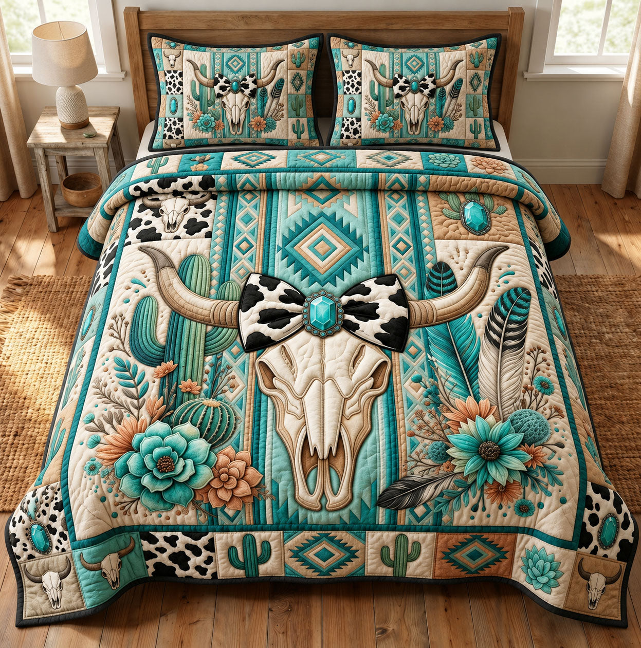 Western Cow Bow 3-Piece Quilted Bedding Set GFTOPND1082