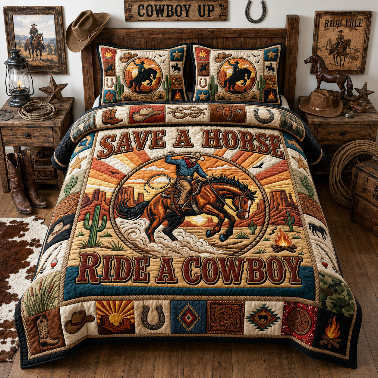 Ride A Cowboy 3-Piece Quilted Bedding Set GFTOPND1096
