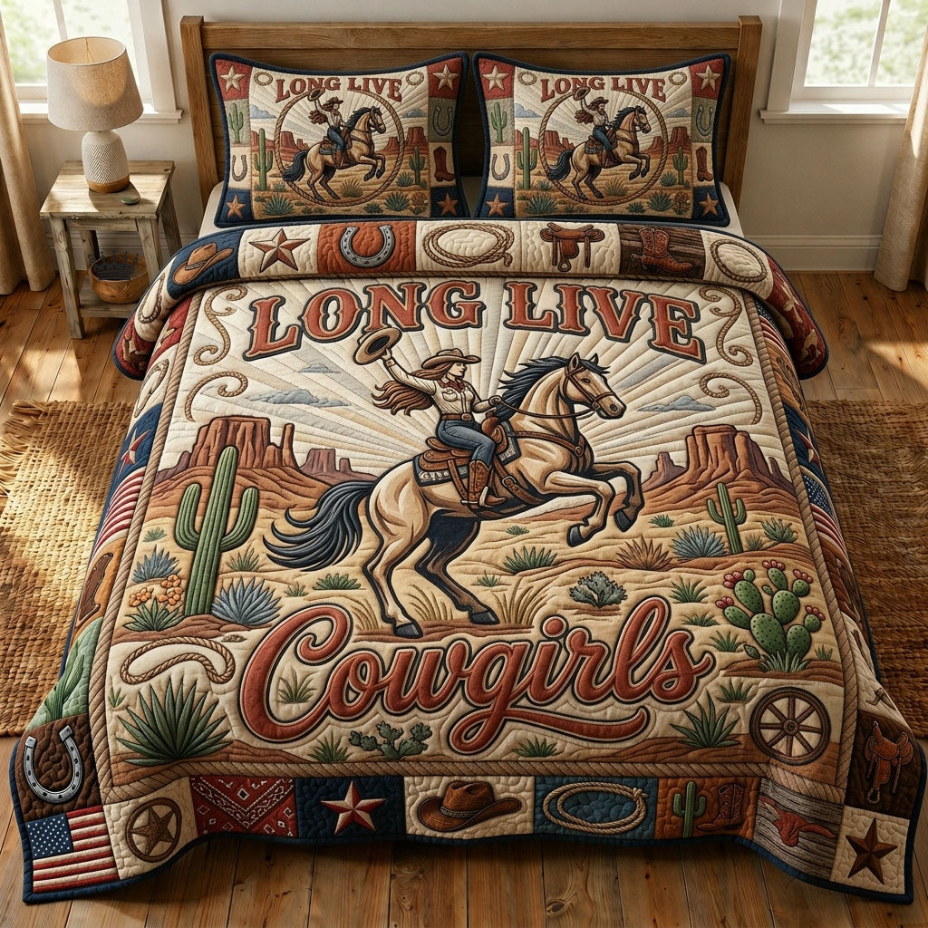 Cowgirl Riding Horse 3-Piece Quilted Bedding Set GFTOPND1097