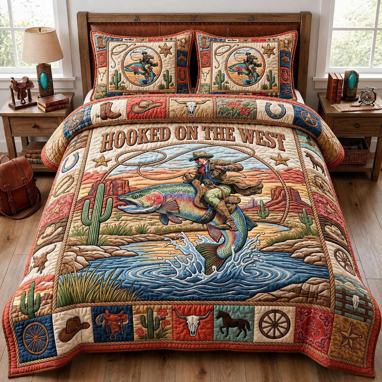Cowboy Riding Rainbow Trout 3-Piece Quilted Bedding Set GFTOPND1098