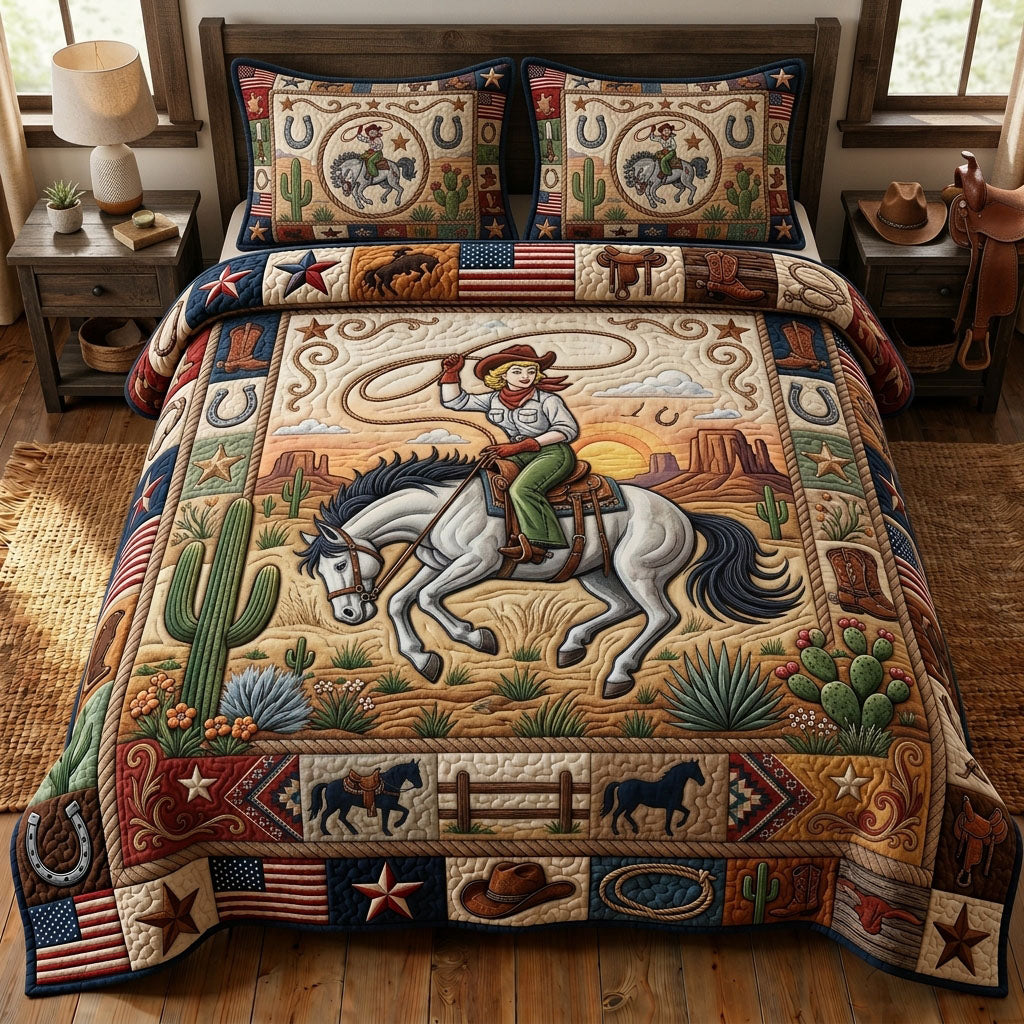 Cowgirl Riding Horse 3-Piece Quilted Bedding Set GFTOPND1100