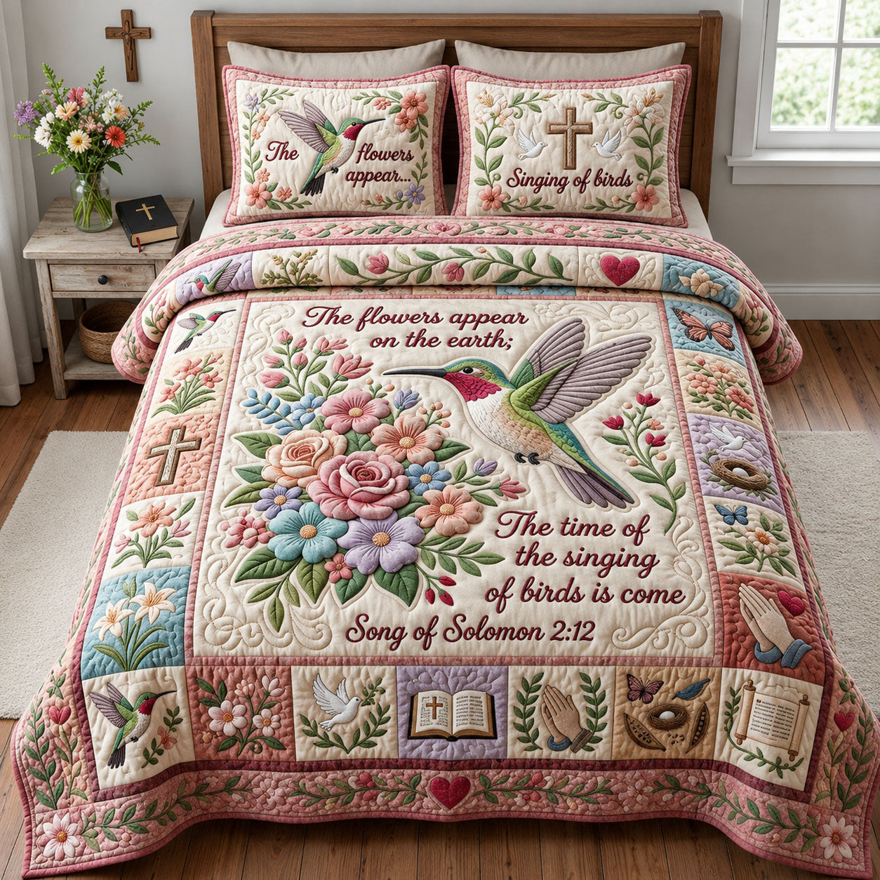Hummingbird Floral Christian 3-Piece Quilted Bedding Set GFTOPND1123