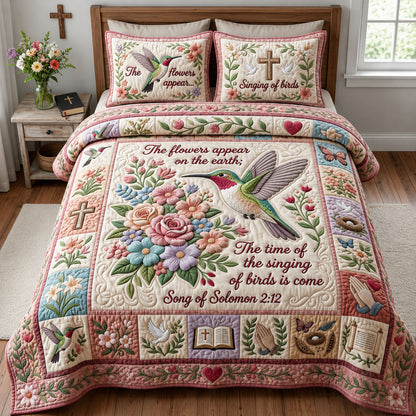 Hummingbird Floral Christian 3-Piece Quilted Bedding Set GFTOPND1123