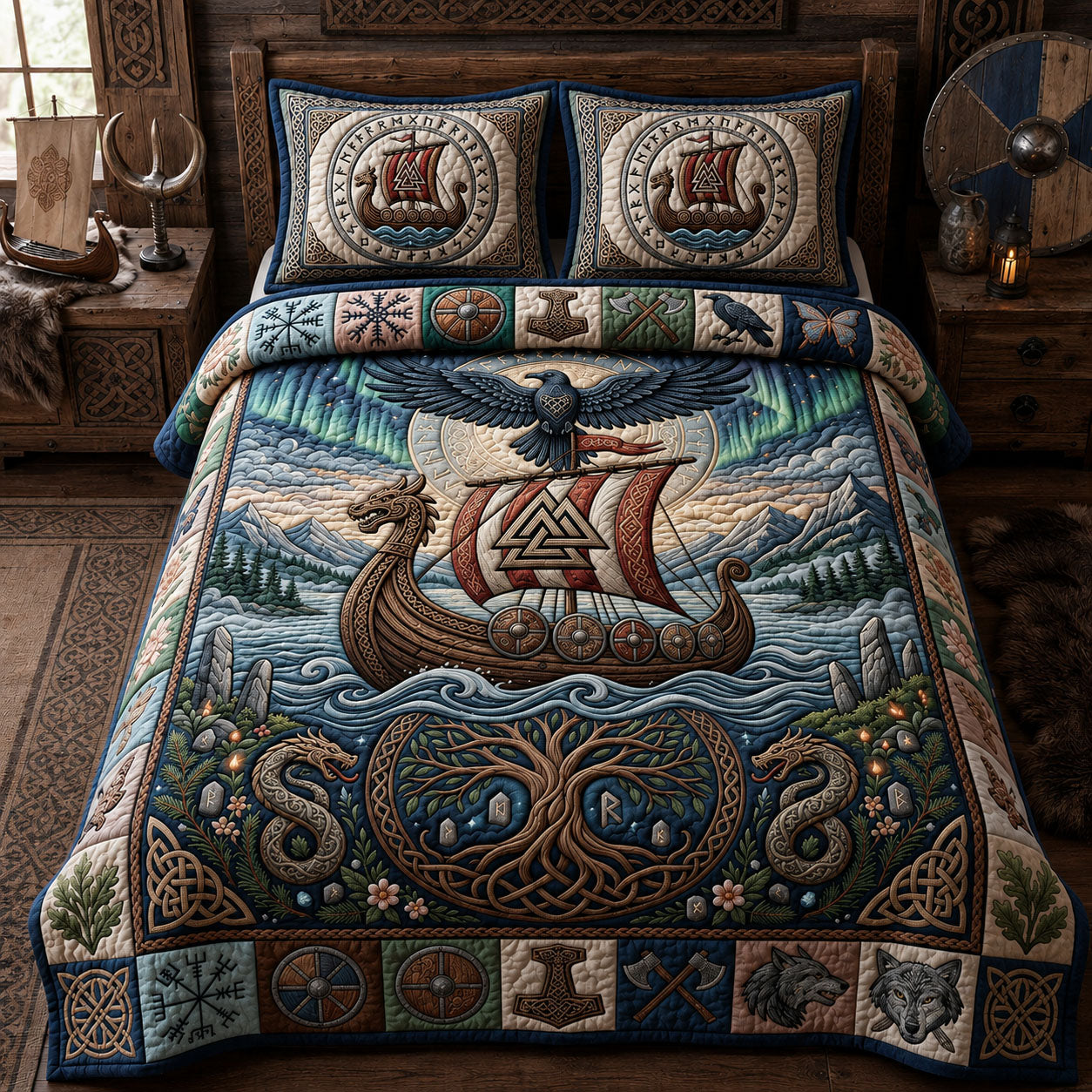 Nordic Dragon Ship 3-Piece Quilted Bedding Set GFTOPND1164