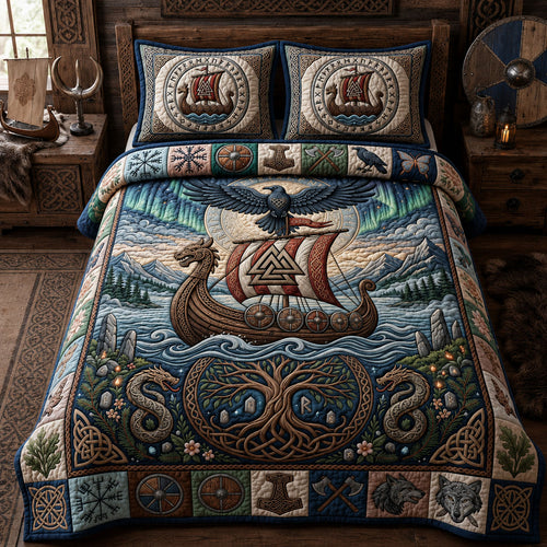 Nordic Dragon Ship 3-Piece Quilted Bedding Set GFTOPND1164