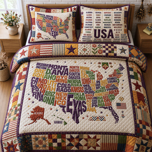 Map Of US 3-Piece Quilted Bedding Set GFTOPND117