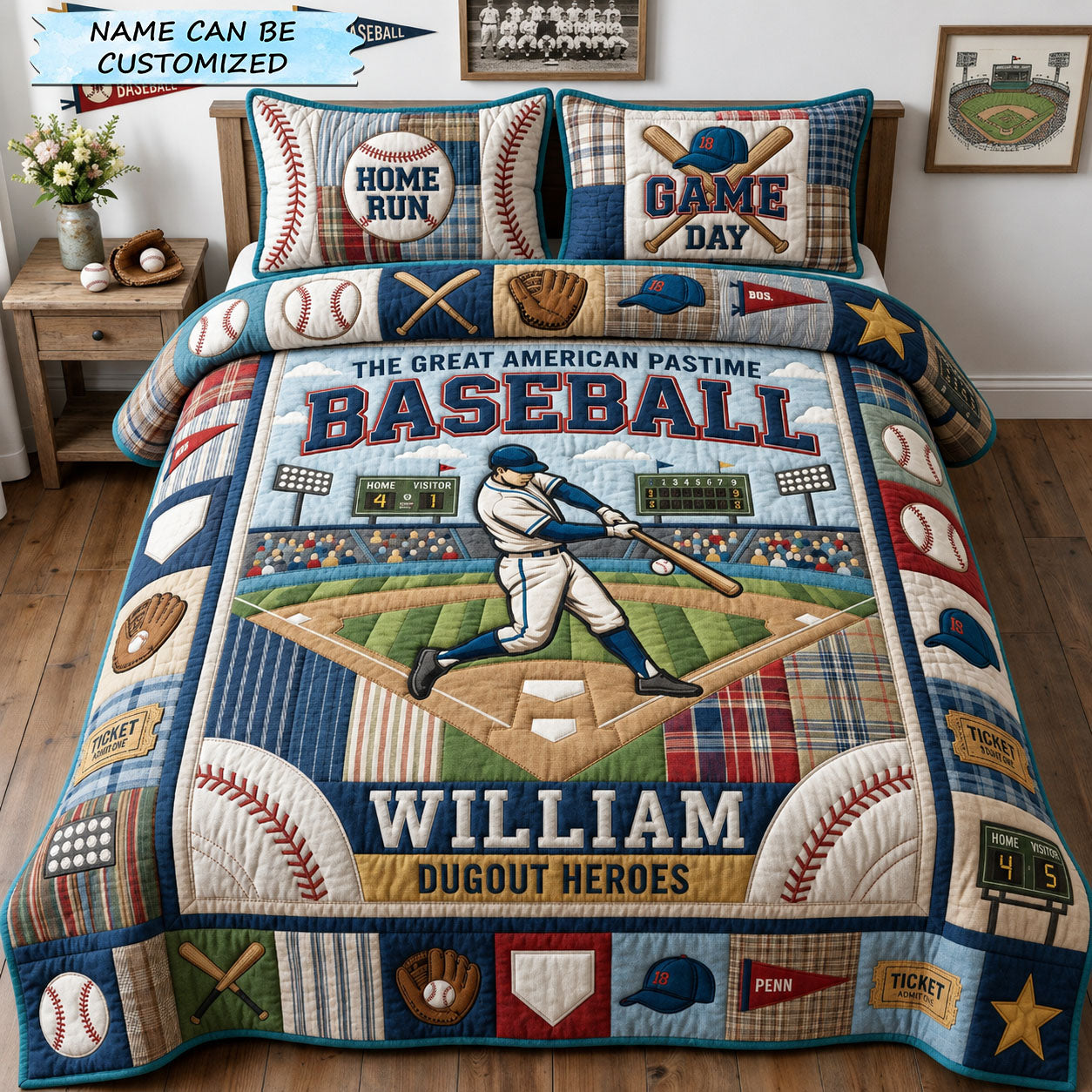 Baseball Heroes 3-Piece Quilted Bedding Set QTCUZ GFTOPND1198