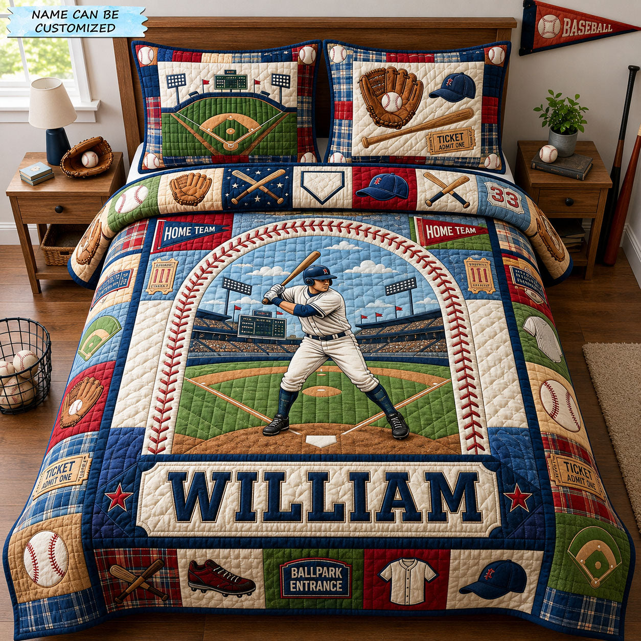 Basebal Player 3-Piece Quilted Bedding Set QTCUZ GFTOPND1201