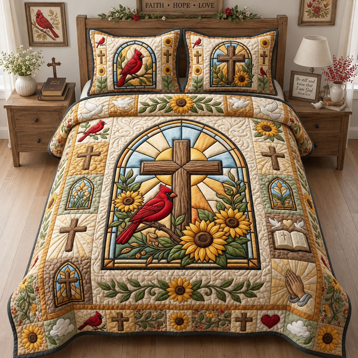 Cardinal Sunflower 3-Piece Quilted Bedding Set GFTOPND1239