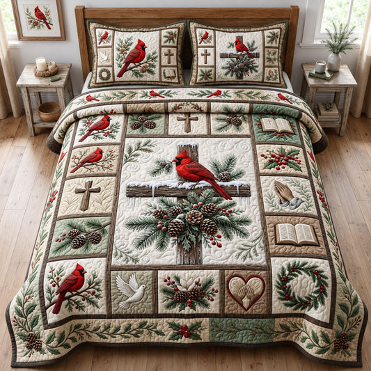 Winter Cardinal Cross 3-Piece Quilted Bedding Set GFTOPND1269