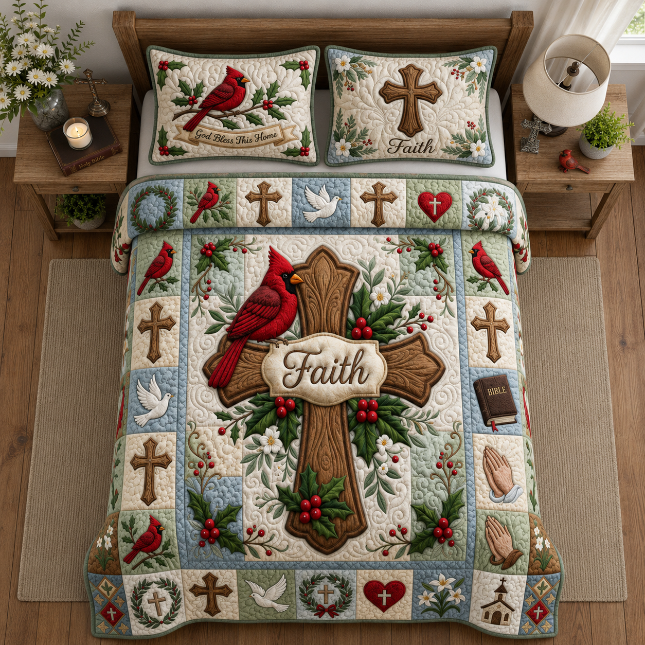 Cross Faith Cardinal 3-Piece Quilted Bedding Set GFTOPND1272