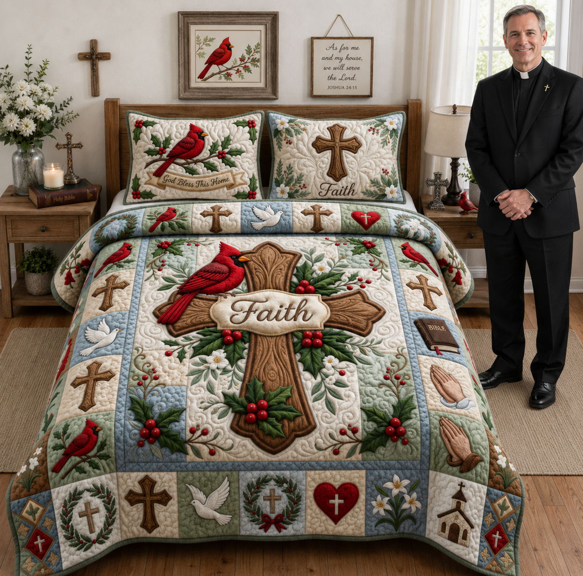 Cross Faith Cardinal 3-Piece Quilted Bedding Set GFTOPND1272
