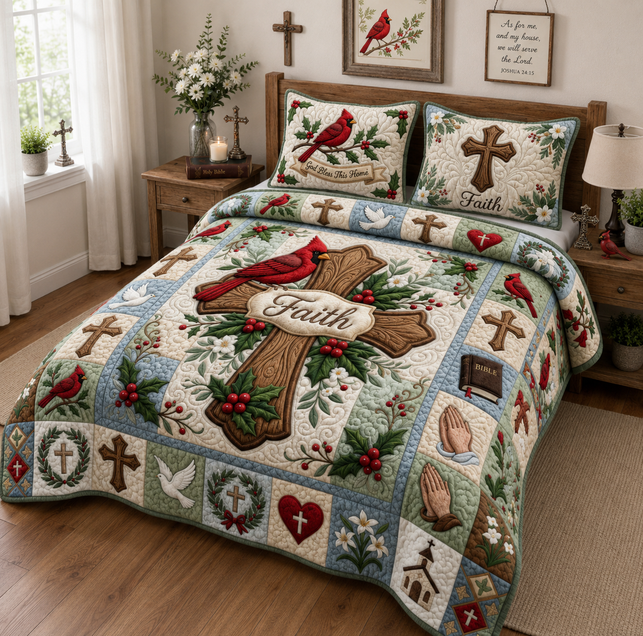 Cross Faith Cardinal 3-Piece Quilted Bedding Set GFTOPND1272