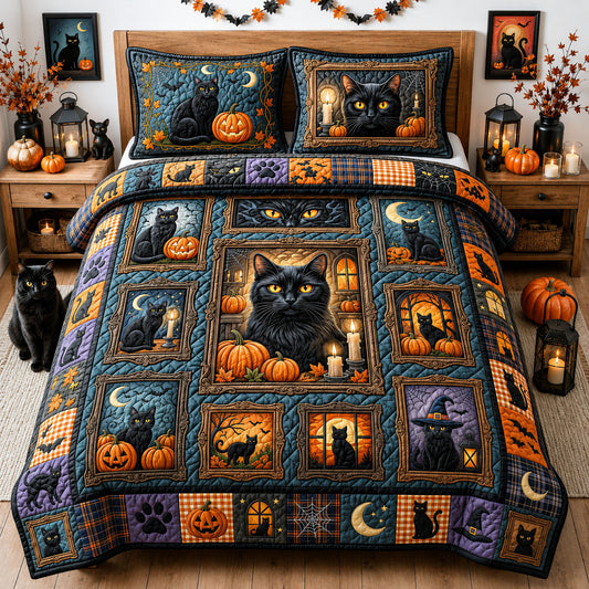 Black Cat Halloween 3-Piece Quilted Bedding Set GFTOPND1281