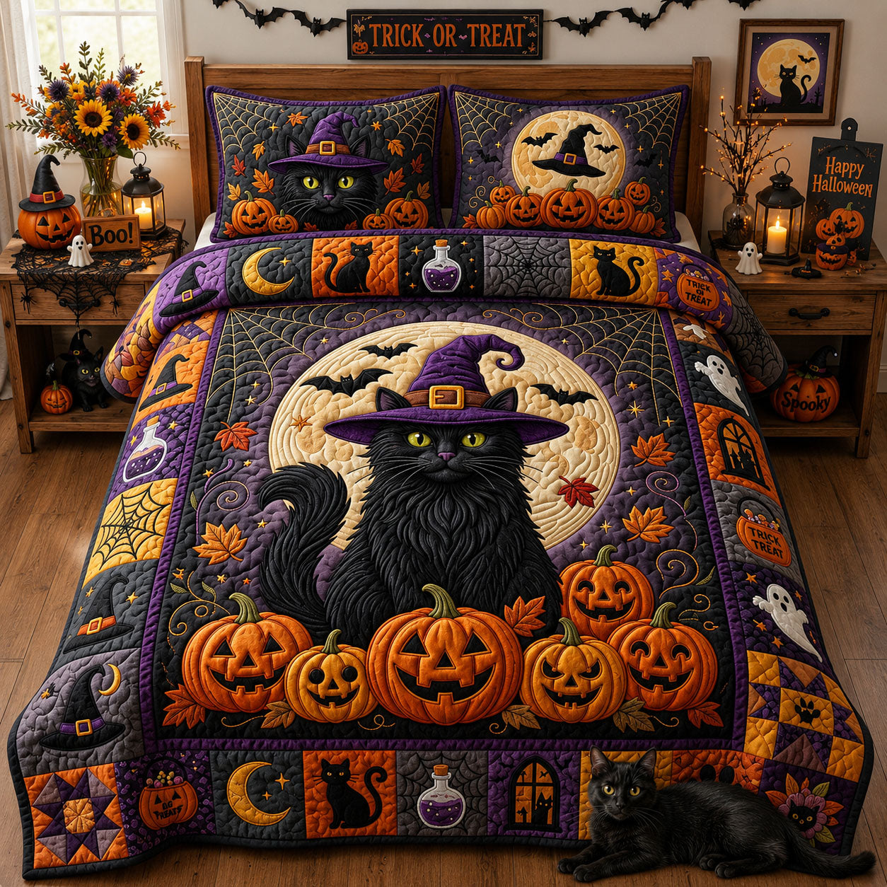 Black Cat Witch 3-Piece Quilted Bedding Set GFTOPND1282