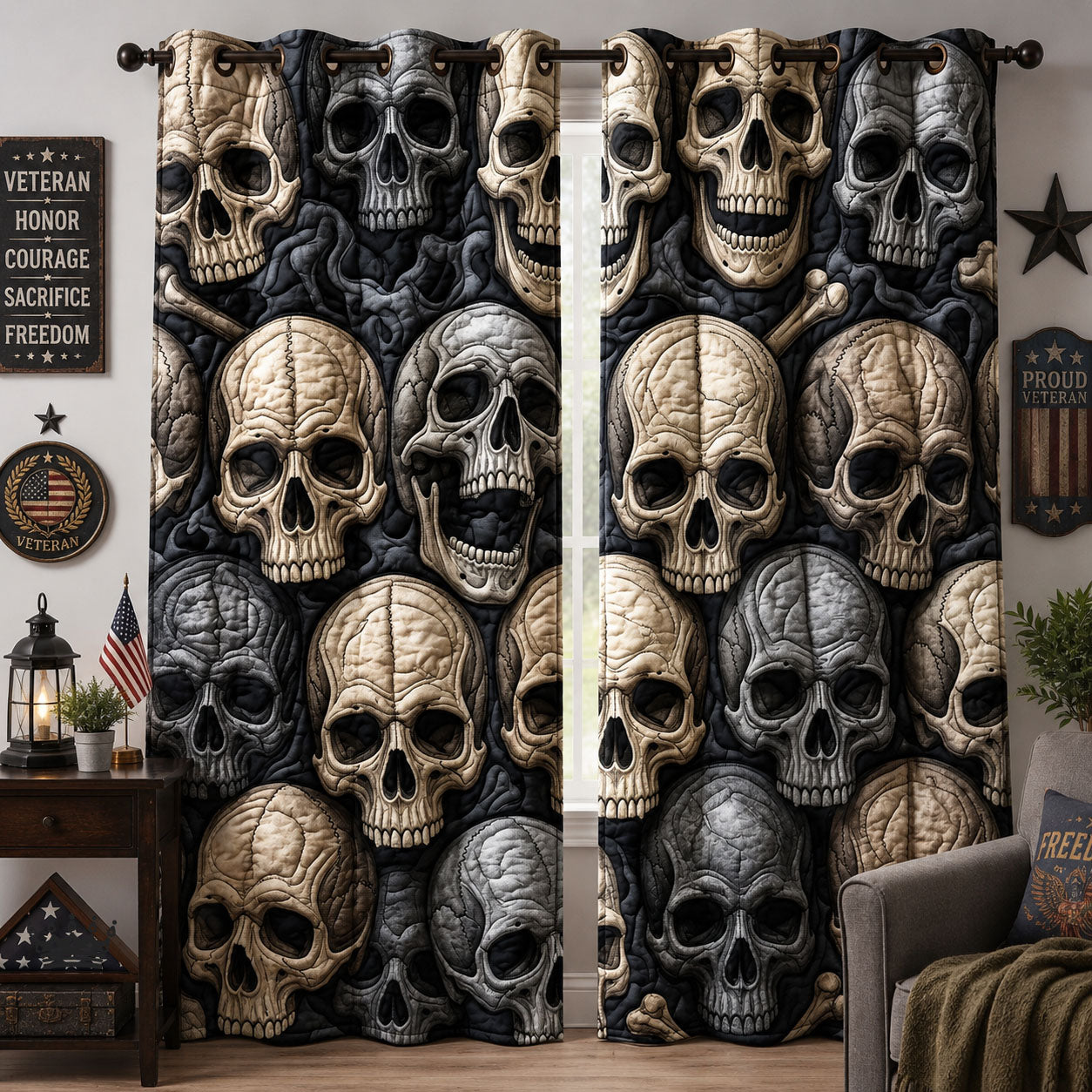 Black And White Skull Quilted Curtains GFTOPND1289
