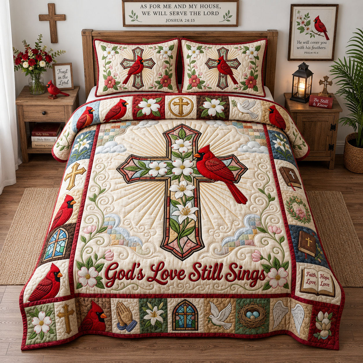 Cross Faith Cardinal 3-Piece Quilted Bedding Set GFTOPND1319