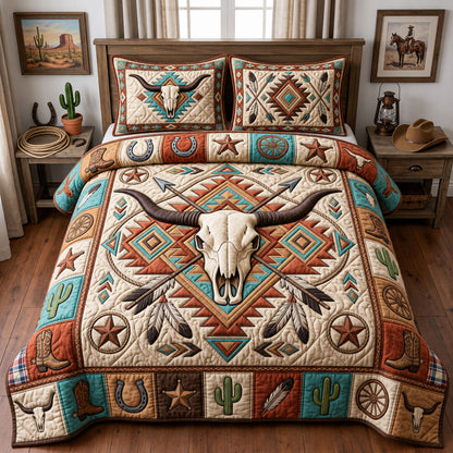 Western Bull Skull 3-Piece Quilted Bedding Set GFTOPND1382