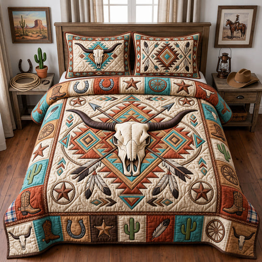 Western Bull Skull 3-Piece Quilted Bedding Set GFTOPND1382