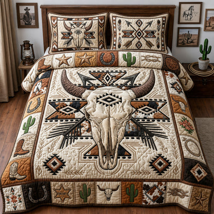 Western Bull Skull 3-Piece Quilted Bedding Set GFTOPND1383