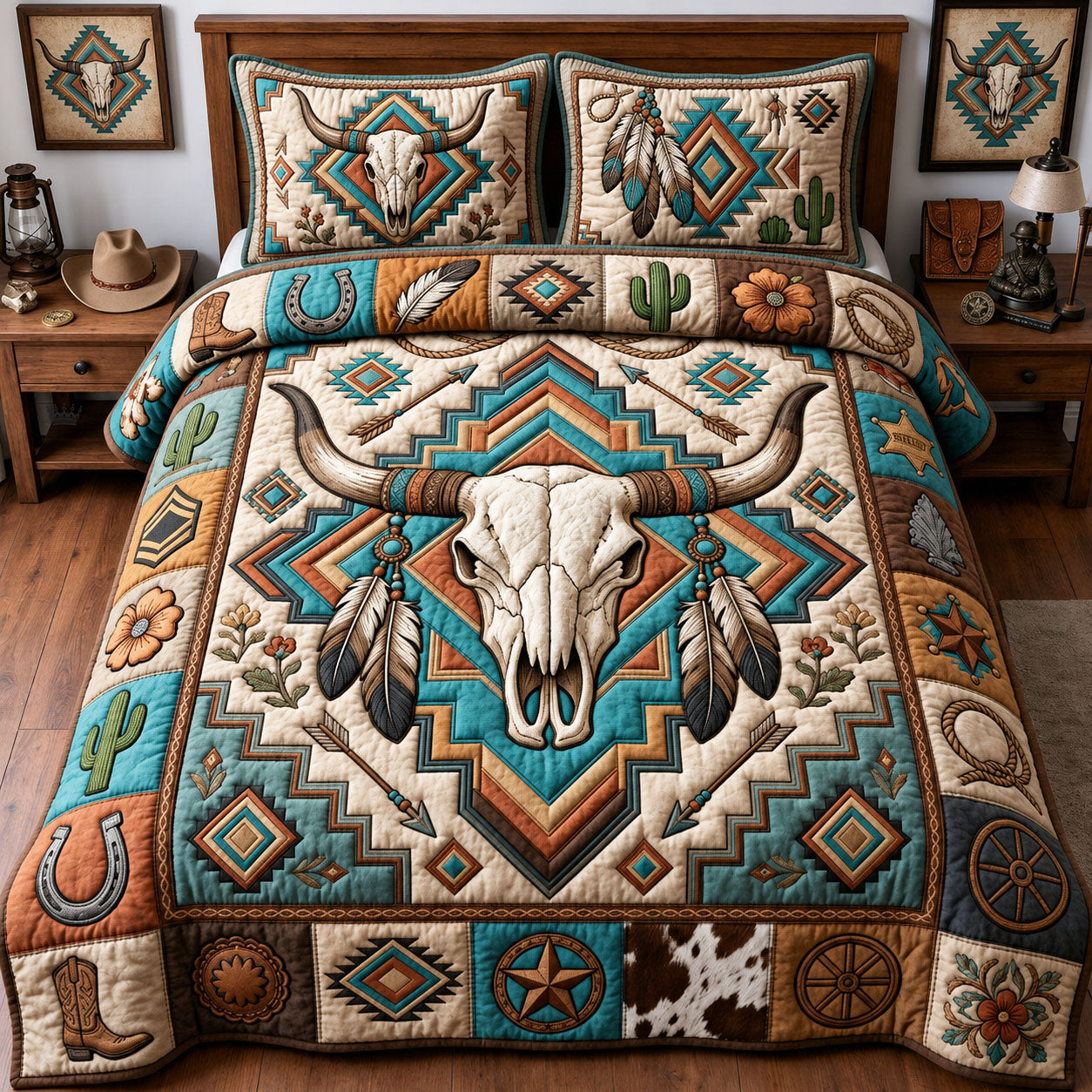 Western Bull Skull 3-Piece Quilted Bedding Set GFTOPND1384