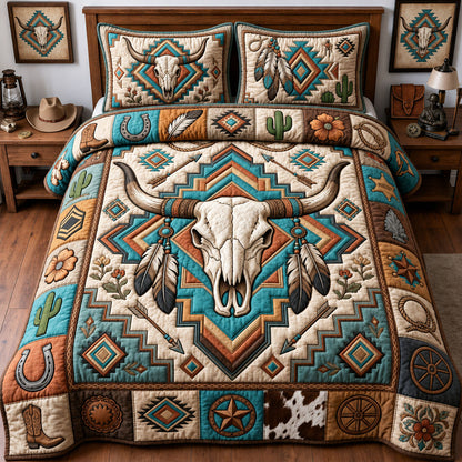 Western Bull Skull 3-Piece Quilted Bedding Set GFTOPND1384