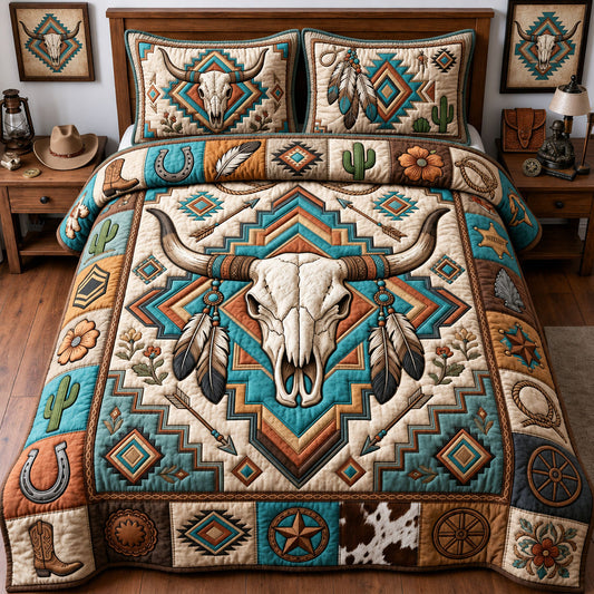 Western Bull Skull 3-Piece Quilted Bedding Set GFTOPND1384