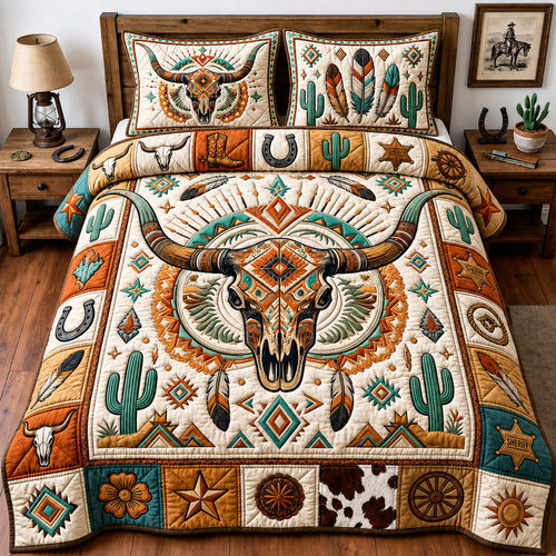 Western Bull Skull 3-Piece Quilted Bedding Set GFTOPND1385