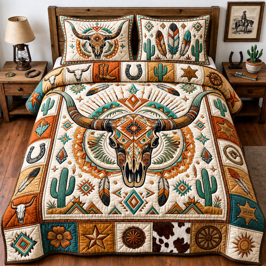 Western Bull Skull 3-Piece Quilted Bedding Set GFTOPND1385