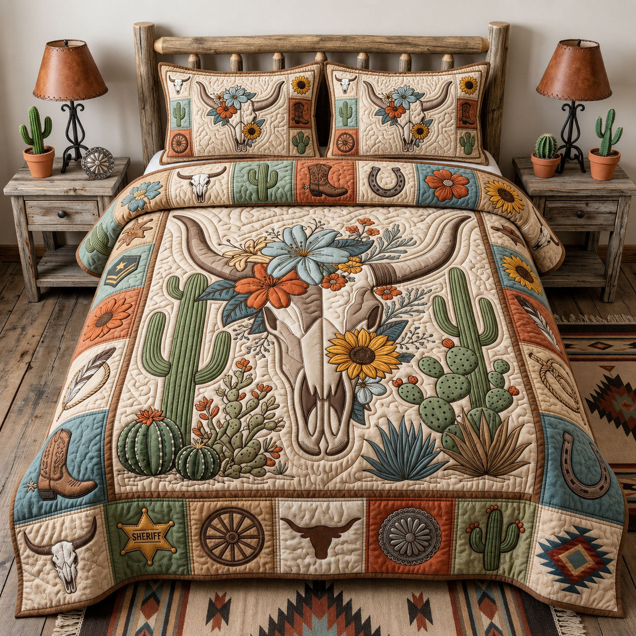 Western Bull Skull 3-Piece Quilted Bedding Set GFTOPND1386