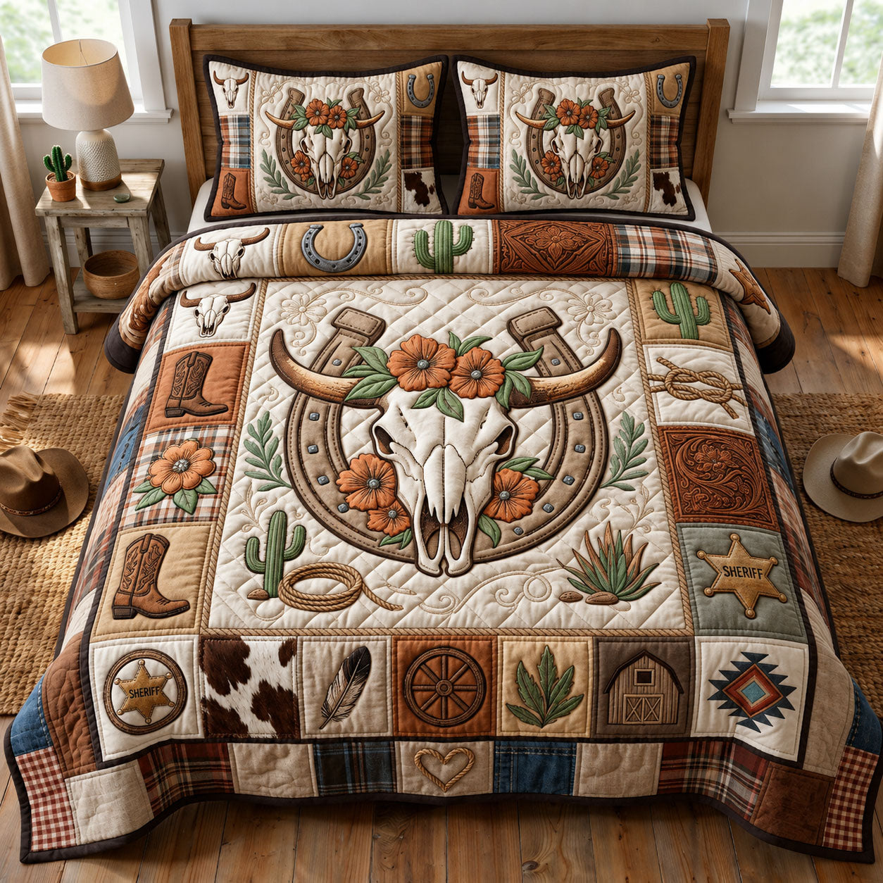 Western Bull Skull 3-Piece Quilted Bedding Set GFTOPND1388