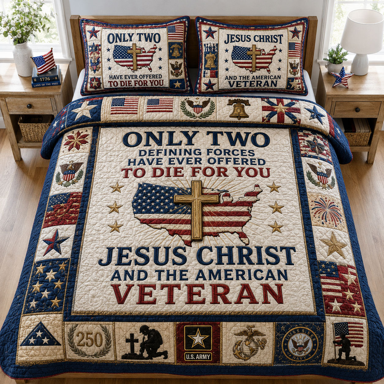 Jesus Christ and Veteran 3-Piece Quilted Bedding Set GFTOPND143