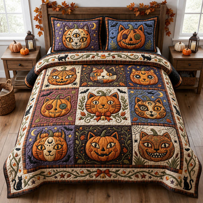 Halloween Pumpkin Cat 3-Piece Quilted Bedding Set GFTOPND1431