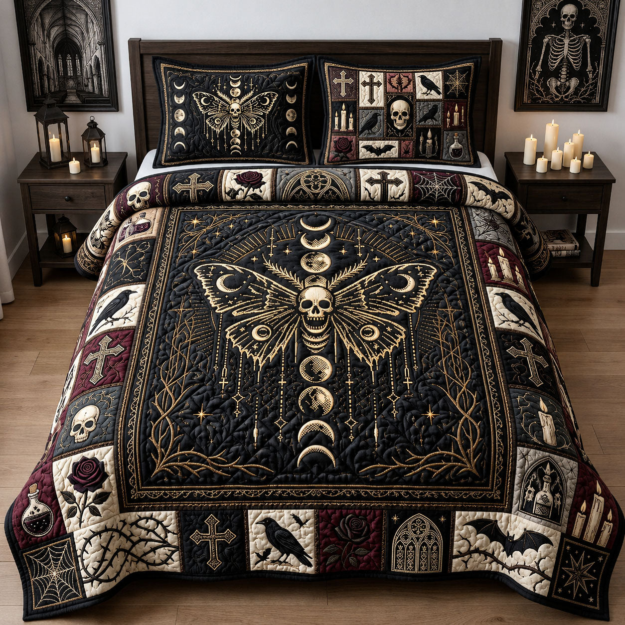 Skull Moth Cross 3-Piece Quilted Bedding Set GFTOPND1465