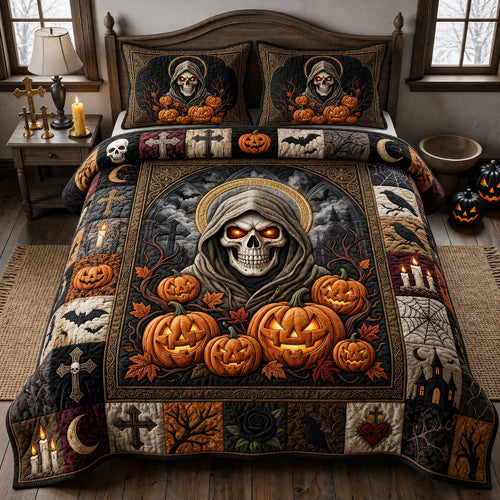 Skull Cross Pumpkin 3-Piece Quilted Bedding Set GFTOPND1467