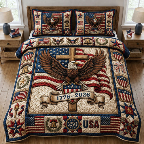Bald Eagle With US Flag 3-Piece Quilted Bedding Set GFTOPND151