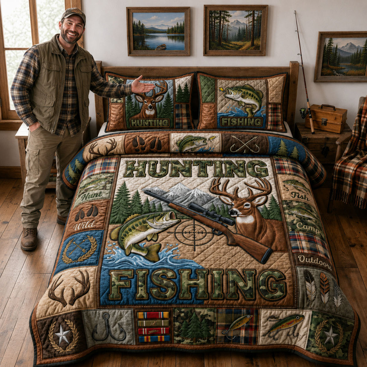 Hunting And Fishing 3-Piece Quilted Bedding Set GFTOPND1524