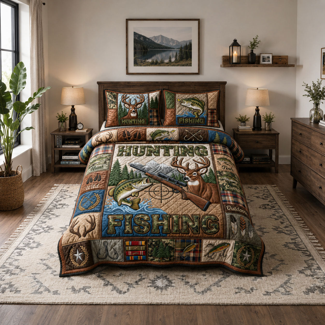 Hunting And Fishing 3-Piece Quilted Bedding Set GFTOPND1524