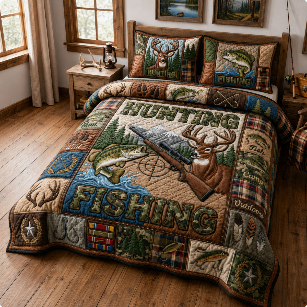 Hunting And Fishing 3-Piece Quilted Bedding Set GFTOPND1524