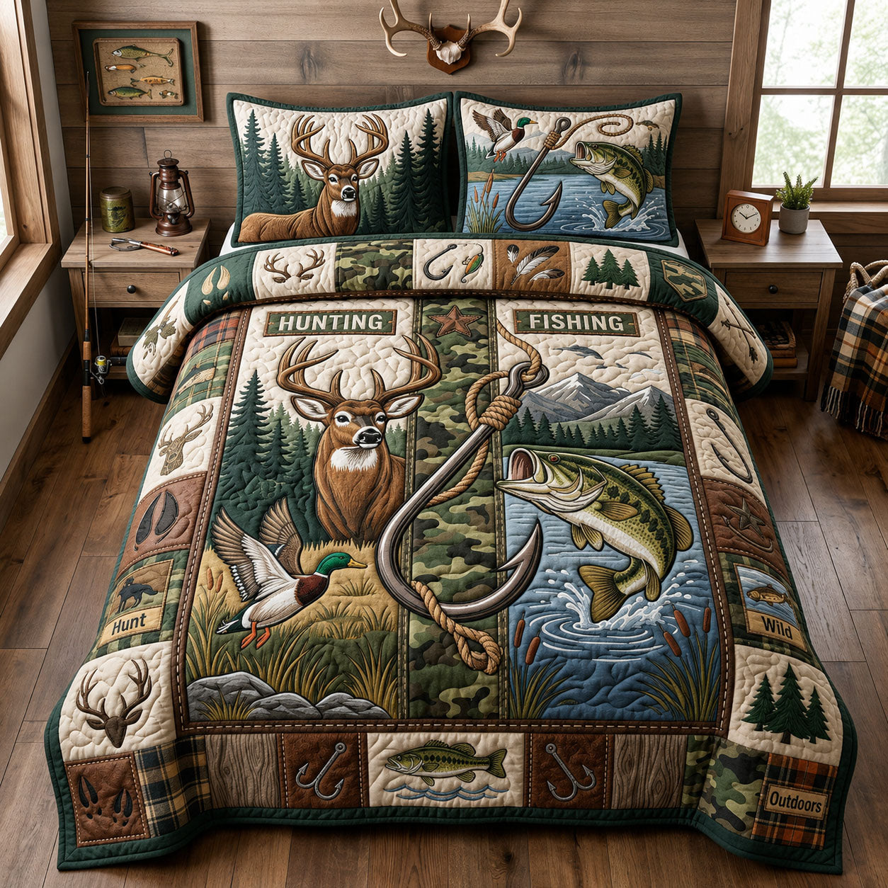 Hunting And Fishing 3-Piece Quilted Bedding Set GFTOPND1526
