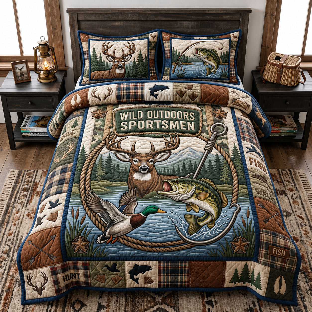 Hunting And Fishing 3-Piece Quilted Bedding Set GFTOPND1527